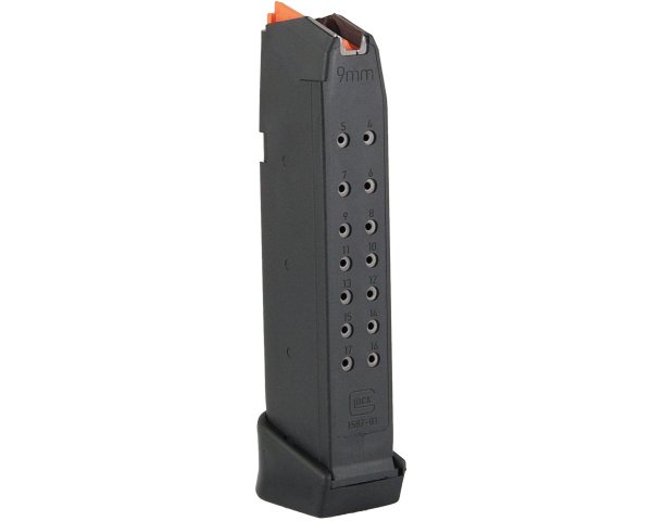 GLOCK Magazin G17, G34, G45 (G19, G26), 17+2 Schuss, schwarz, Zubringer orange